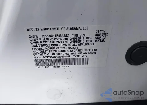 2017 Honda Pilot Ex-L z USA, uszkodzony, nr VIN 5FNYF5H51HB006403